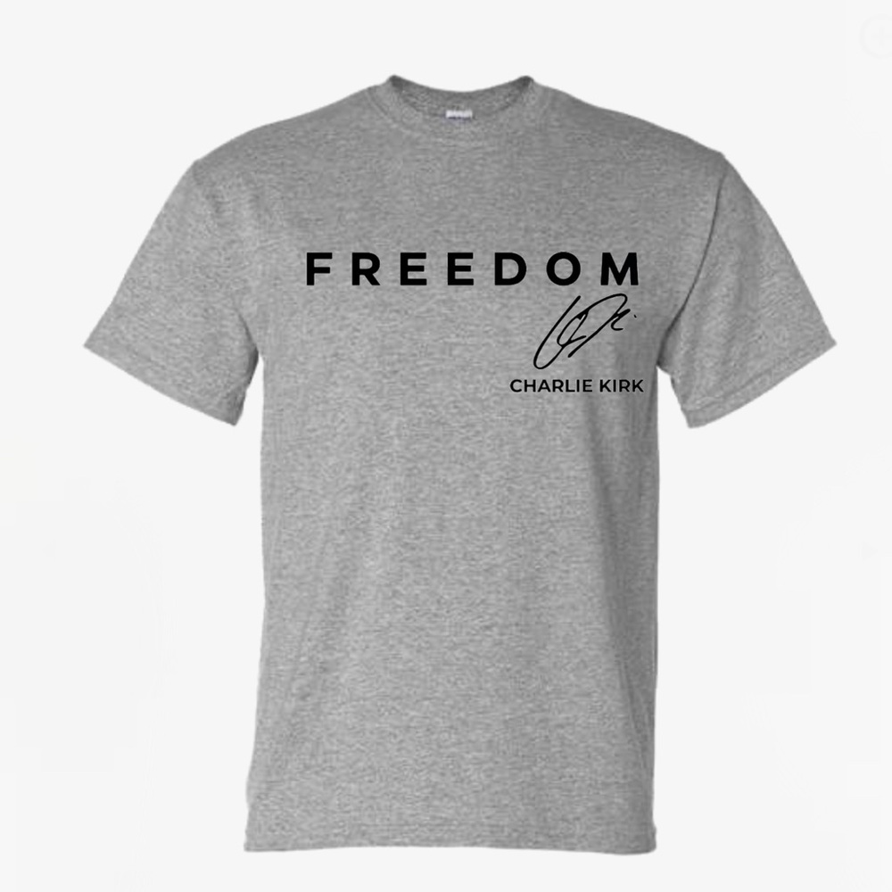 Sport Gray FREEDOM Unisex Sweatshirt Charlie Kirk w/ Signature Tribute shirt - Picture 2 of 2
